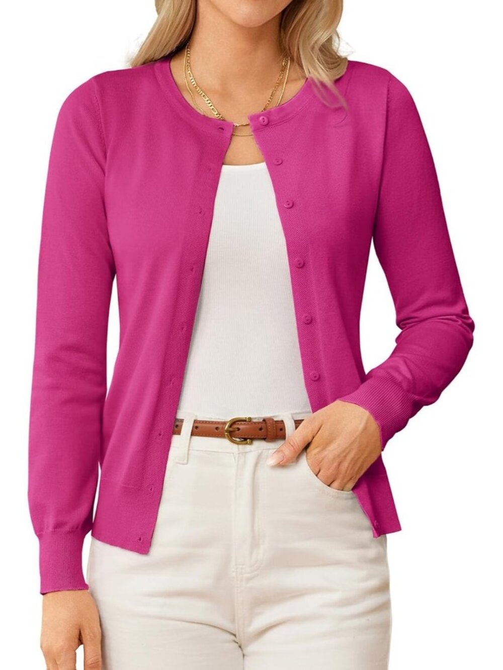 🆕Women's Rose Pink Crew-neck Knit Cardigan Sweater Lightweight Button Up